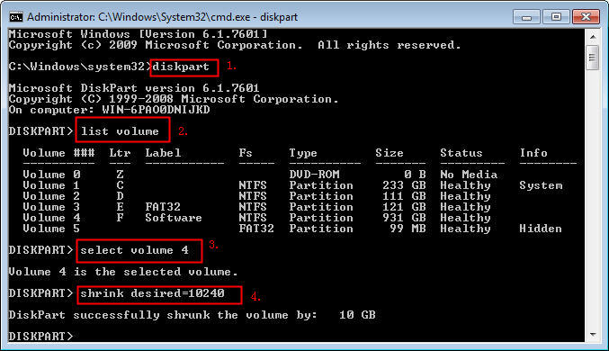 Example of the diskpart command